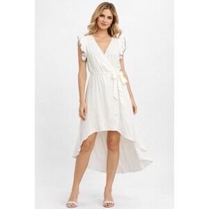 Jaase White Wrap Dress Women Size L 100% Rayon Flutter Sleeve Tie Waist Flowy